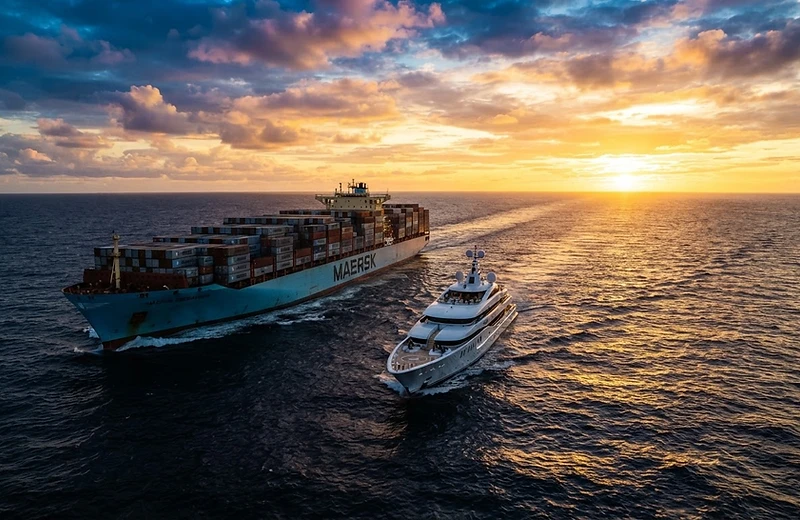 Vessels sailing on open ocean at golden hour
