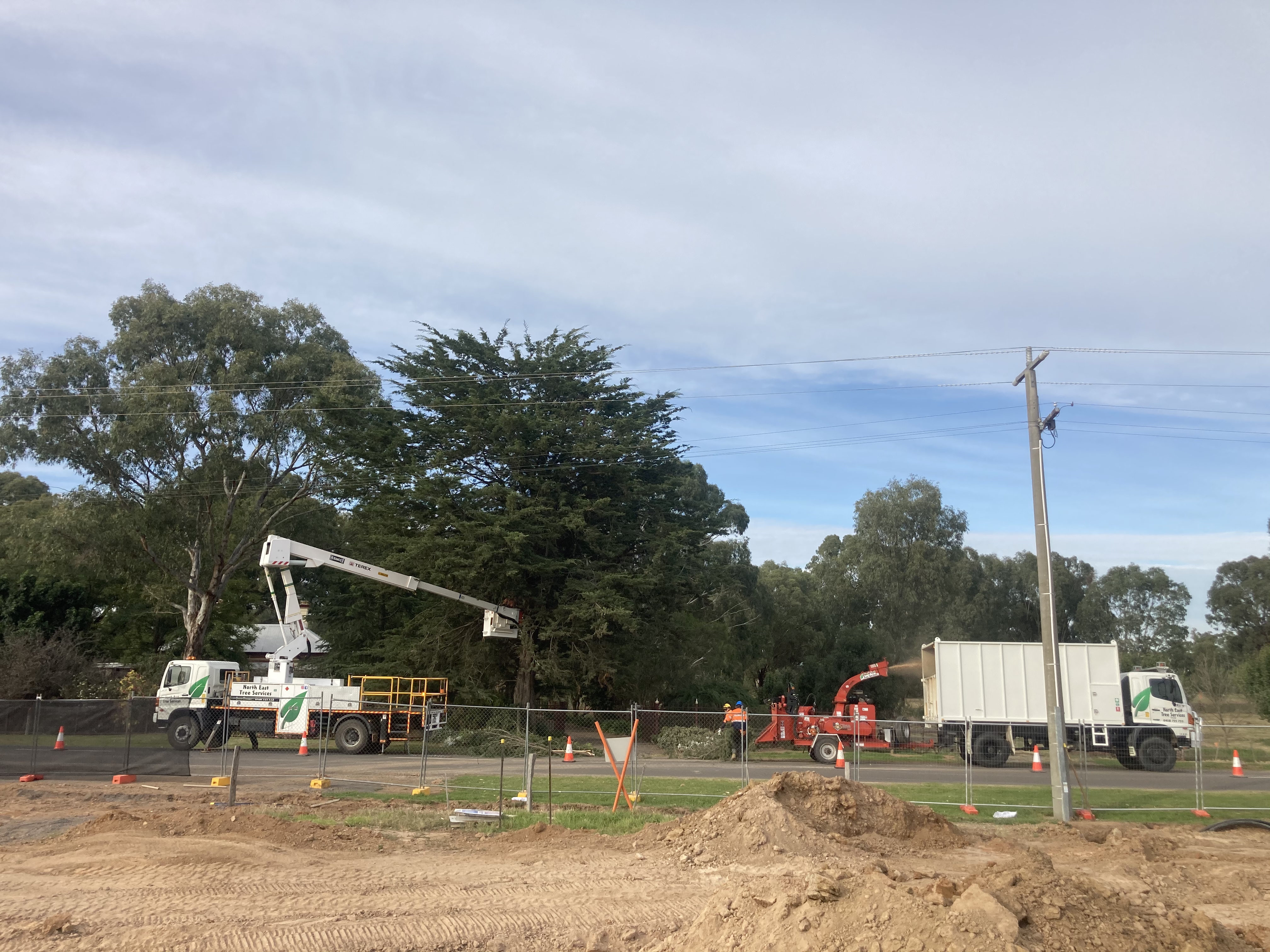 North East Tree Services crew and equipment on a commercial-scale site
