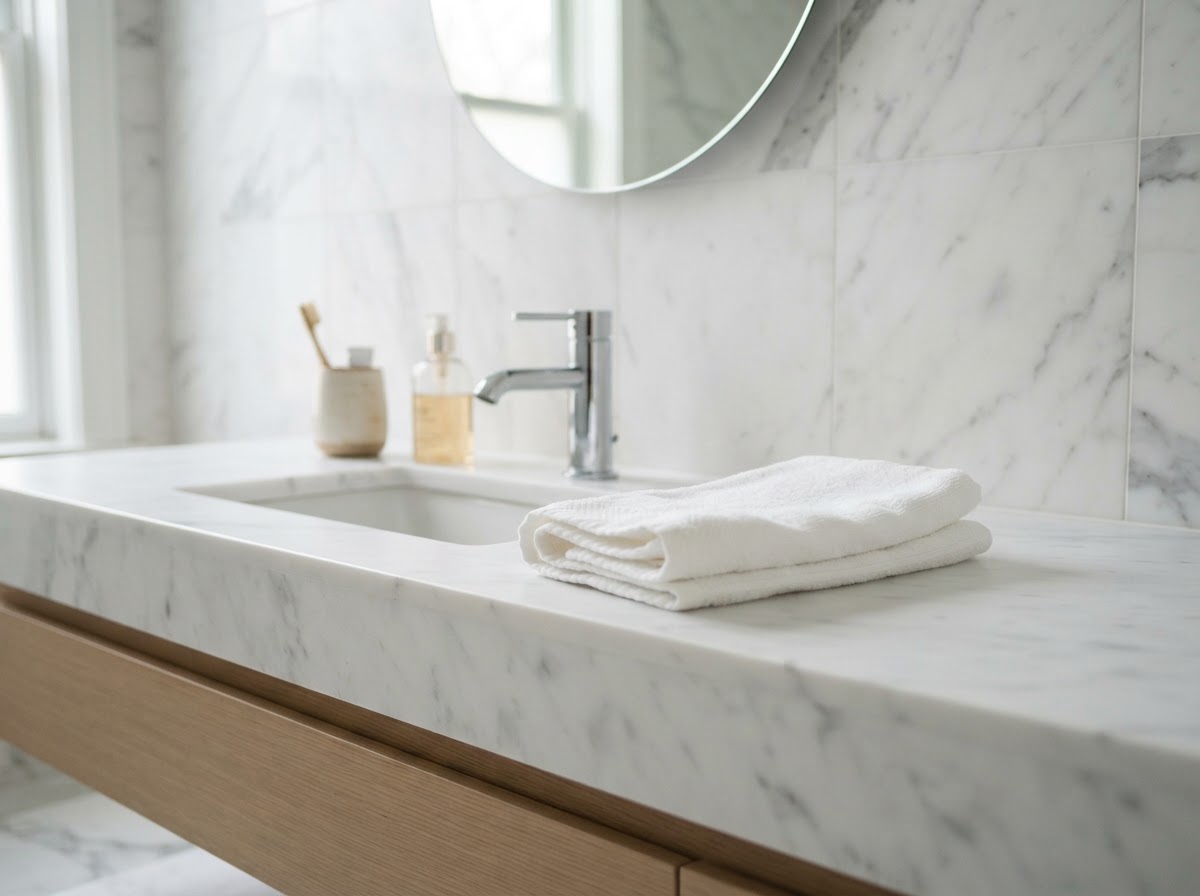 Clean modern bathroom with marble surfaces