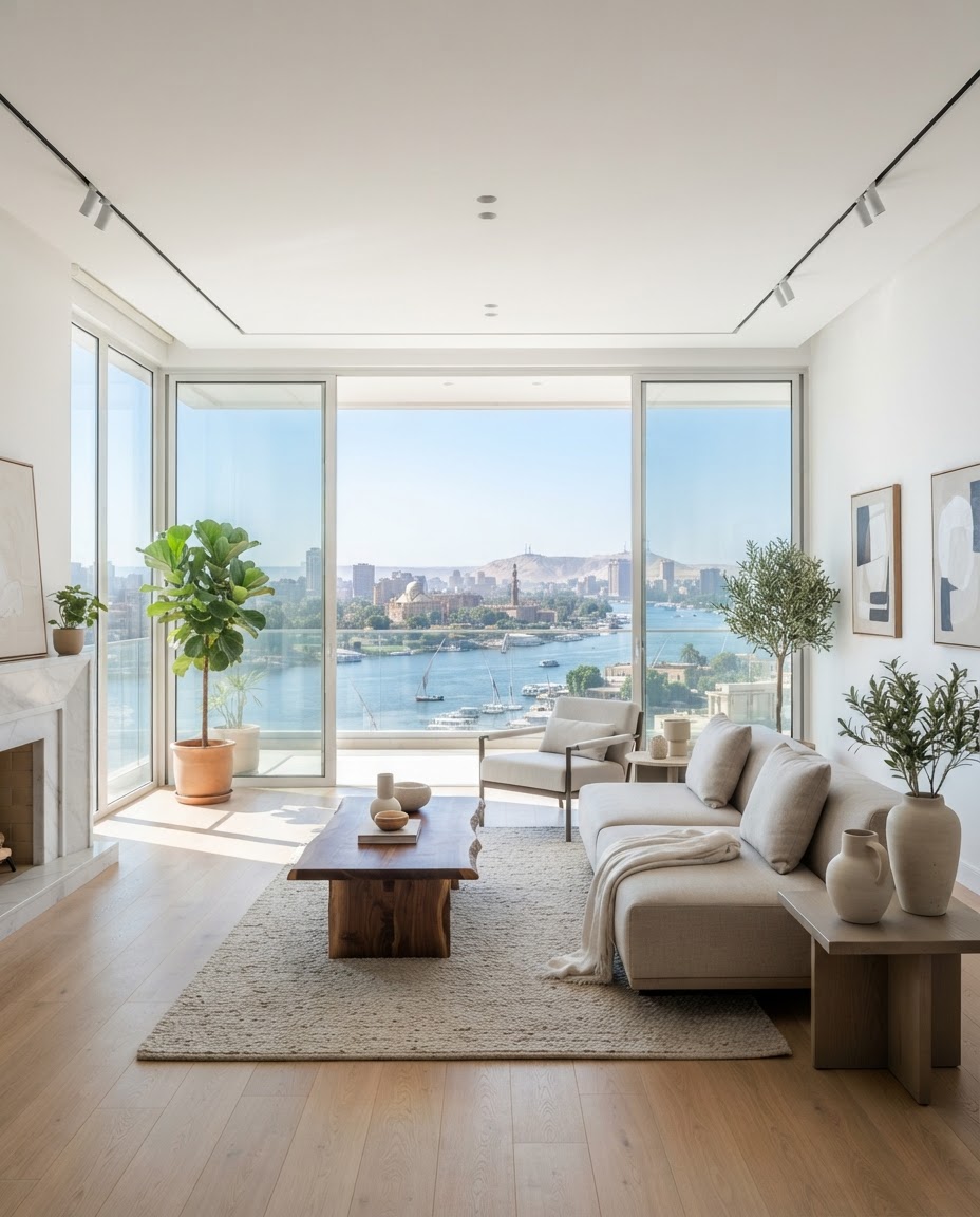 Clean modern Cairo apartment interior with Nile view