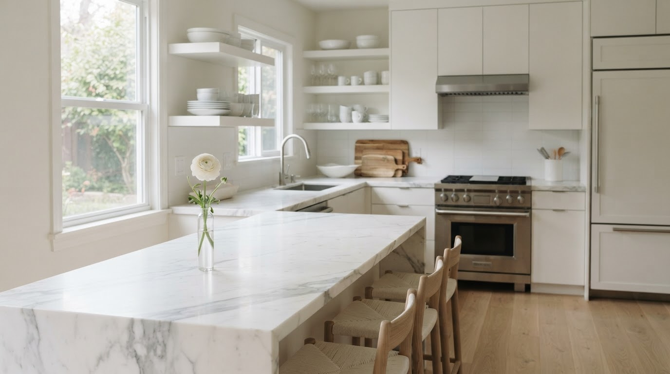 Pristine modern kitchen with marble countertops
