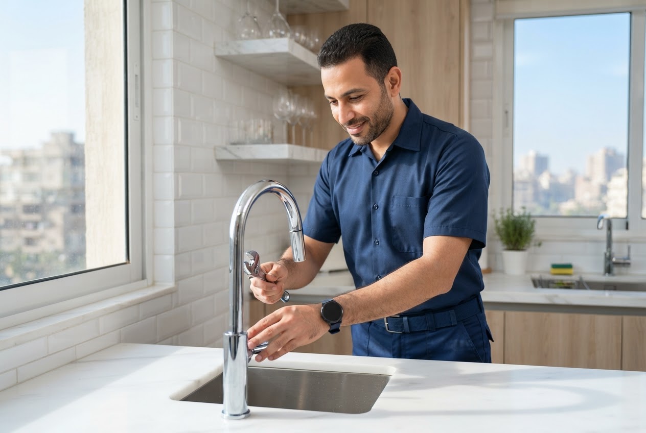 Professional plumber inspecting a modern kitchen faucet in a bright Cairo residence