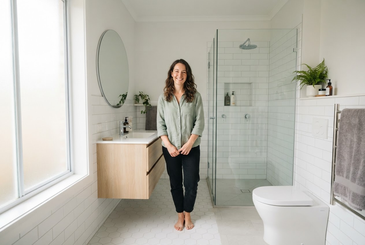 Relieved resident in a bright, dry modern bathroom after a plumbing service