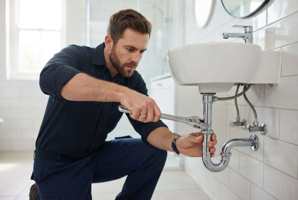 Plumber tightening a chrome pipe connection in a bright modern residential bathroom