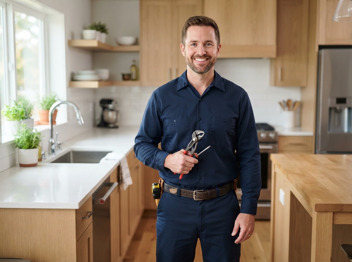 Professional plumber in a navy uniform standing in a bright modern residential kitchen