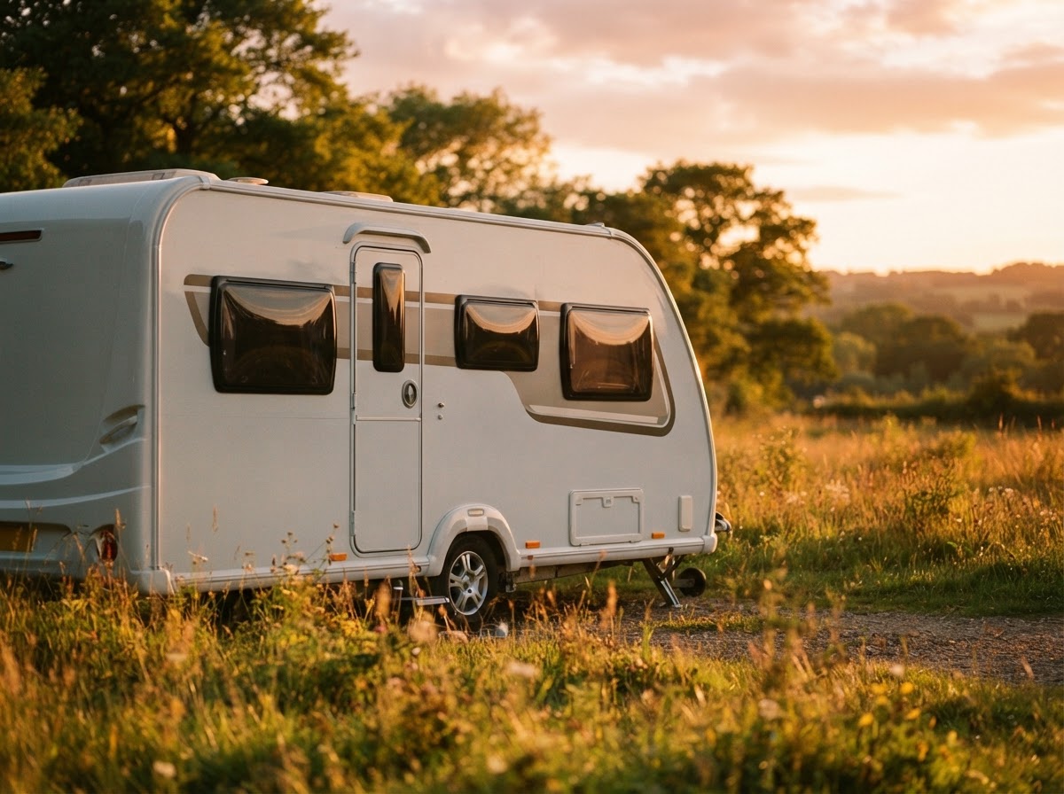 A touring caravan in a Berkshire meadow at golden hour