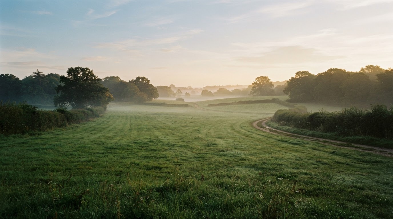 A well-maintained grassy field at dawn in the Berkshire countryside