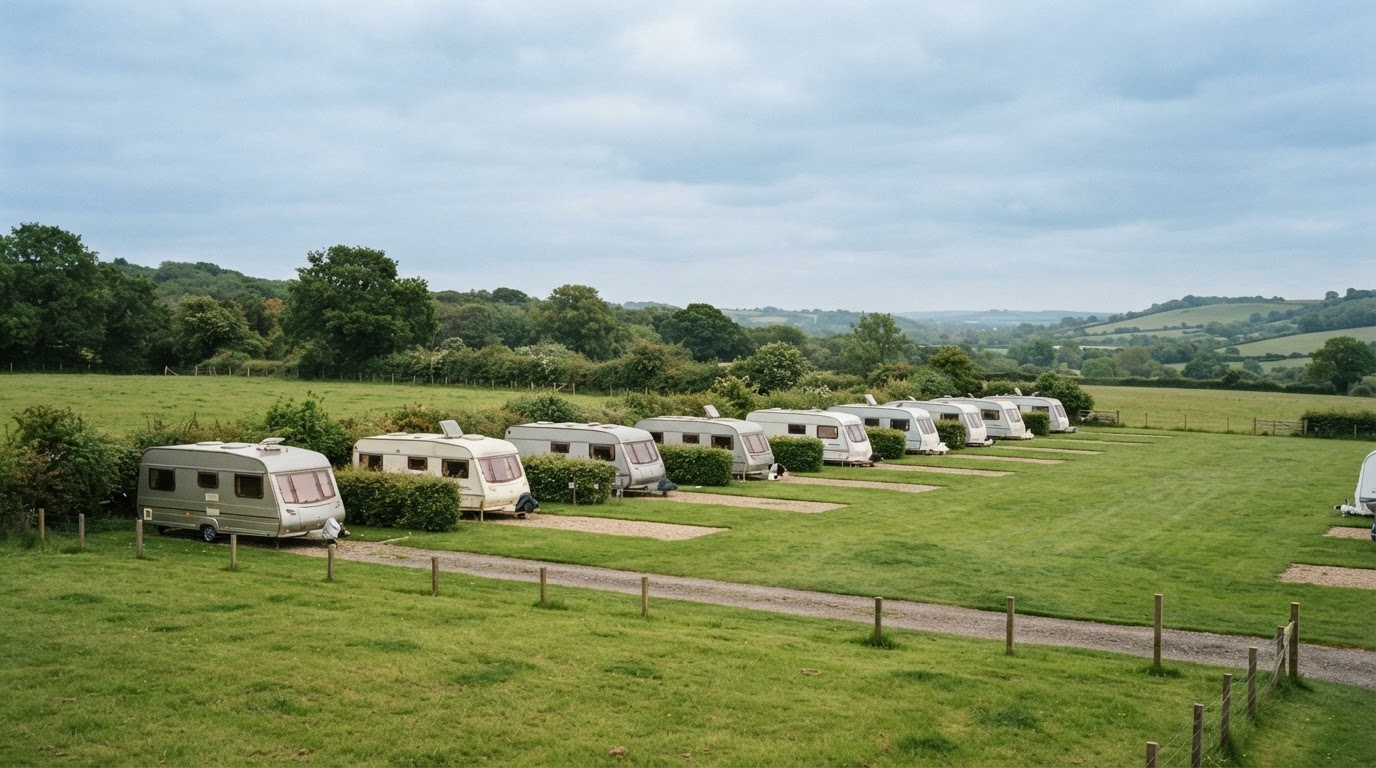 Touring caravans parked in a green Berkshire countryside field