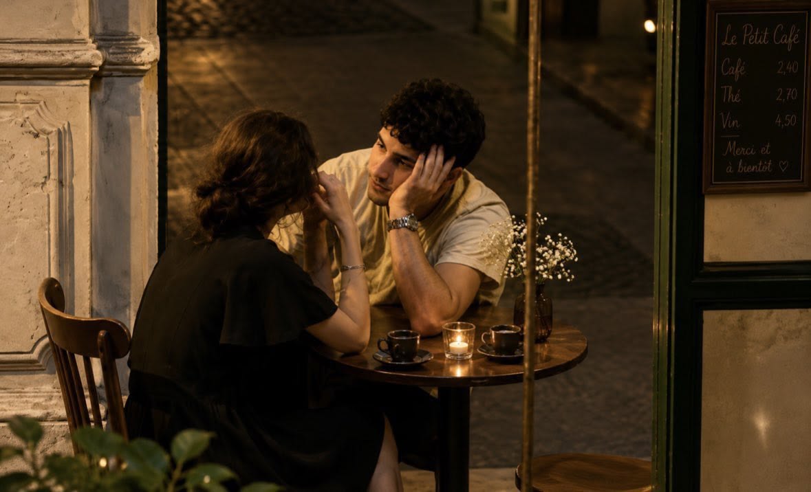 Paar am Café-Tisch bei Nacht — intimes Gespräch, Kerzenschein