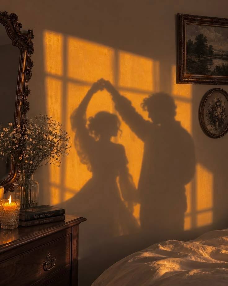 Schatten eines tanzenden Paares an der Wand — warmes, goldenes Licht