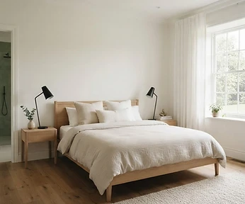 Master bedroom with oak bed and linen duvet