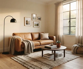 Lounge room with caramel leather sofa and warm light