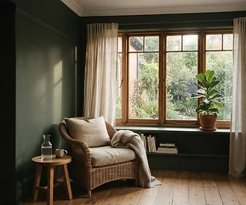 Sunroom-style lounge with wicker armchair and green wall