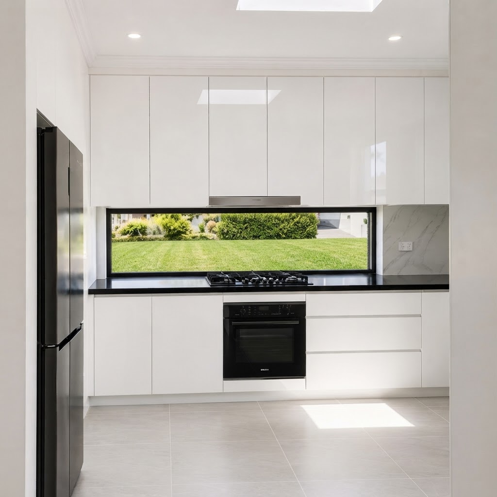 Kitchen — wheelie bin removed through window — cleaned