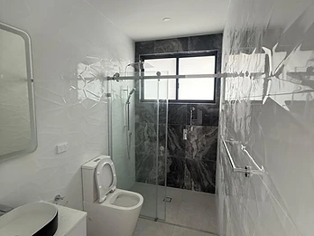 Hamilton St photo 1 — Bathroom — white faceted tiles, dark marble shower wall, window