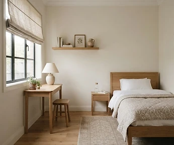 Guest bedroom with timber single bed and patterned quilt
