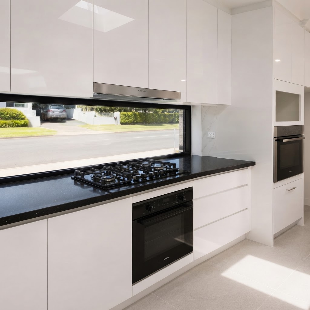 Kitchen — wheelie bin removed through window — cleaned