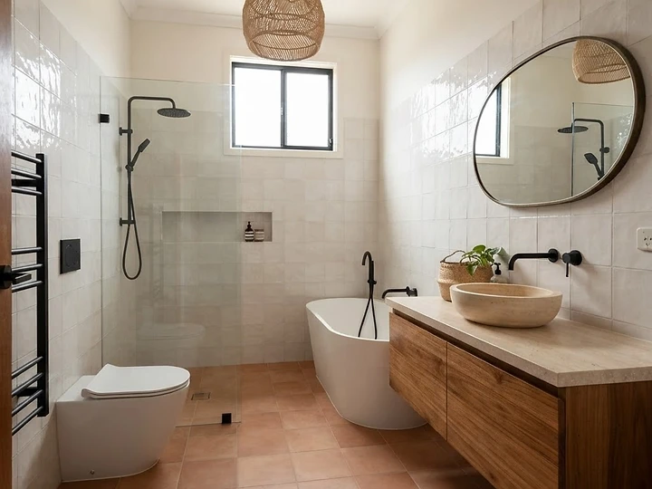Warm Terracotta & Timber bathroom renovation — after