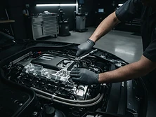 A mechanic’s gloved hands working precisely on a pristine engine component