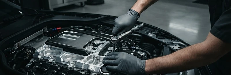 A mechanic’s gloved hands working precisely on a pristine engine component