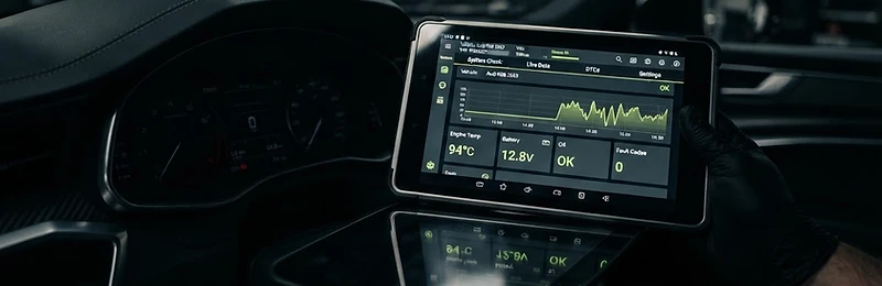 Diagnostic tablet displaying a clean interface reflected in a car dashboard