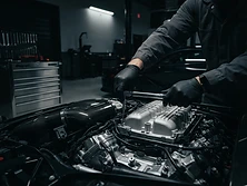 Close-up of mechanical repair work on a pristine vehicle component