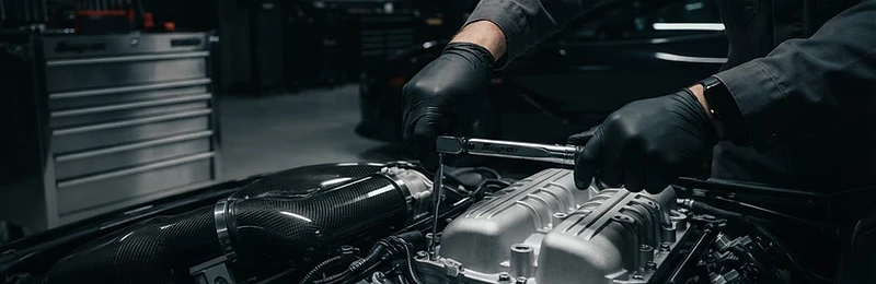 Close-up of mechanical repair work on a pristine vehicle component