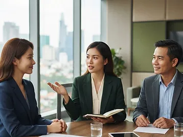AI 예시: 회의실에서 한국·베트남 기업 관계자의 대화를 전달하는 통역원
