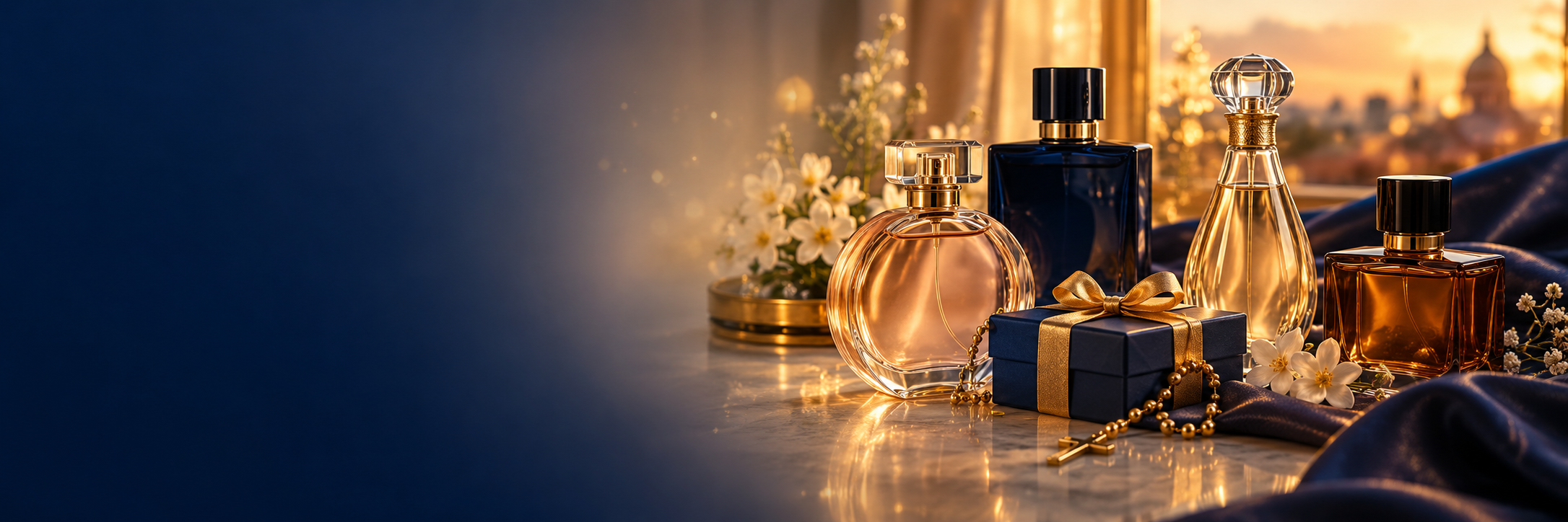 Perfumes Olam Shop sobre mármore com tons dourados