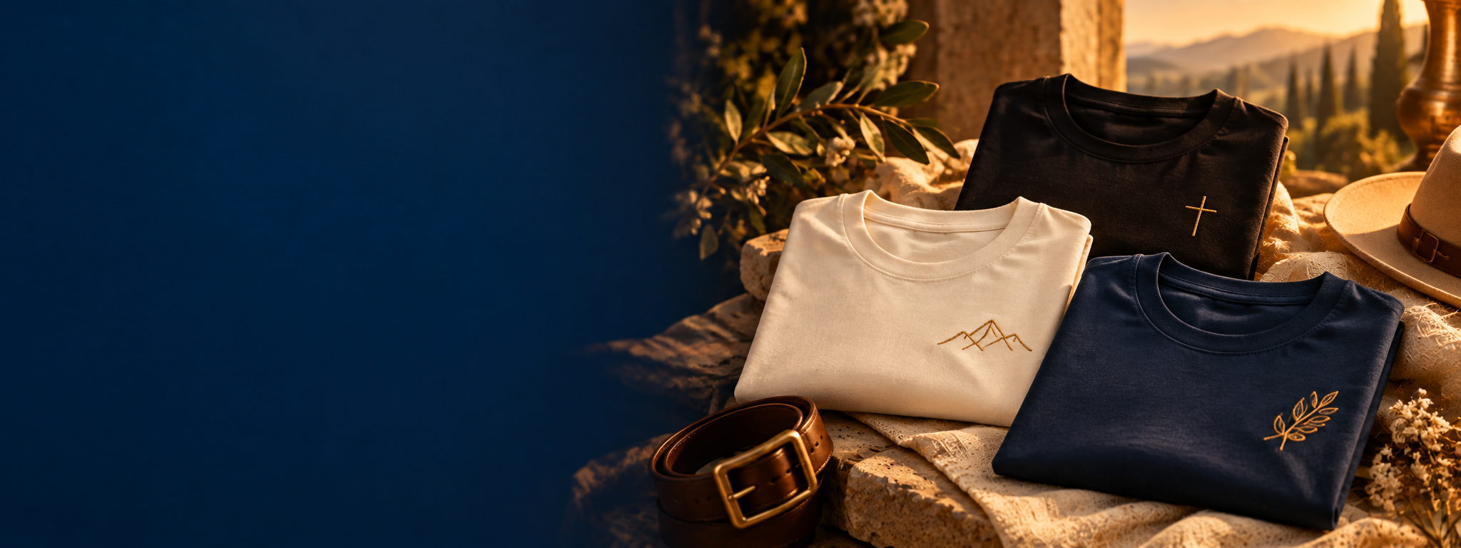 Camisetas cristãs em tons neutros e azul-marinho