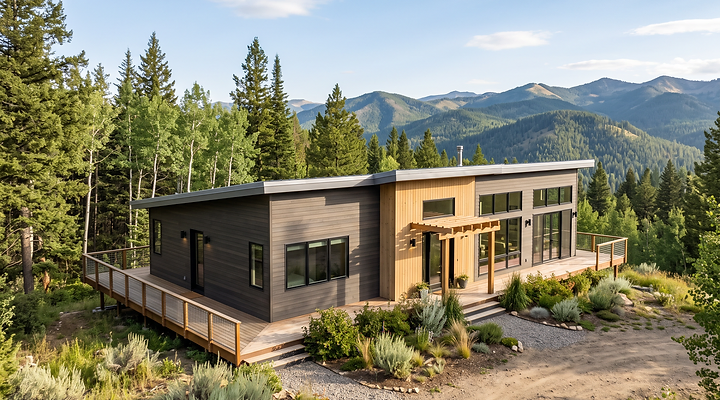 A factory-built modular home set on a Montana property