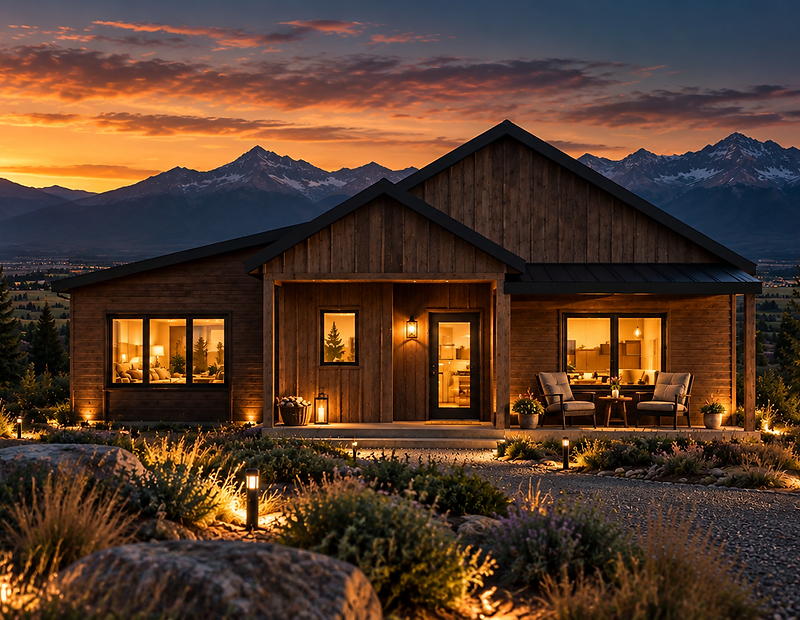 A modern modular home at twilight in a Montana mountain valley