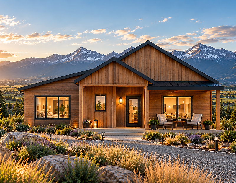 A modern modular home with wood siding at golden hour against a snow-capped mountain range
