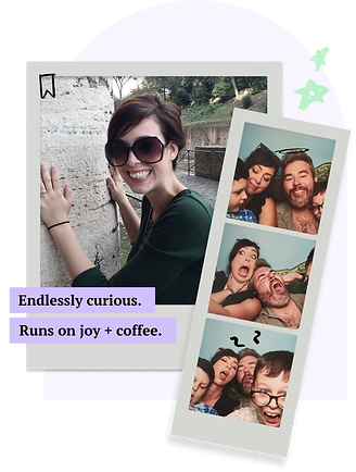 A collage of Tara — a polaroid portrait beside a film strip of candid moments, with hand-drawn doodles and lavender tags.