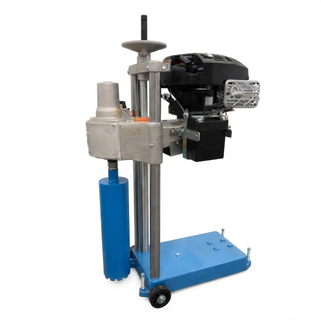 Wheeled core drilling rig with water-cooled bit for pavement sampling