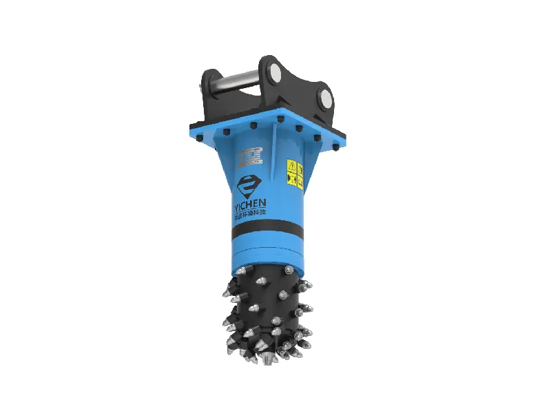 Axial vertical drum cutter attachment mounted on an excavator.