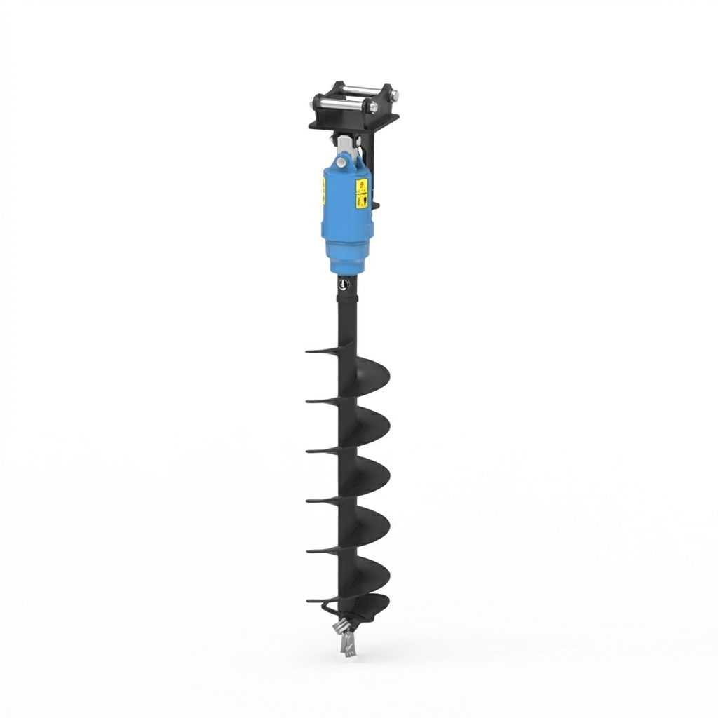 Hydraulic excavator earth auger attachment with helical flighting