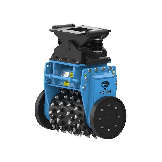Hydraulic cutter head with twin pick-studded drums.