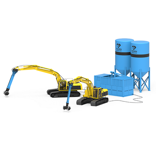 Soil stabilization system featuring mixing attachments for excavators.