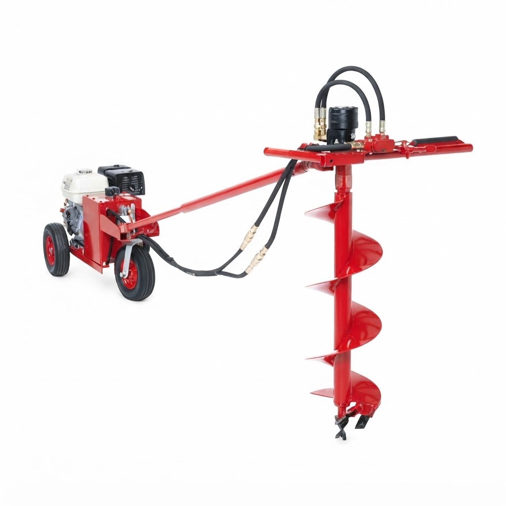 Wheel-mounted hydraulic earth drill with petrol engine and auger bits