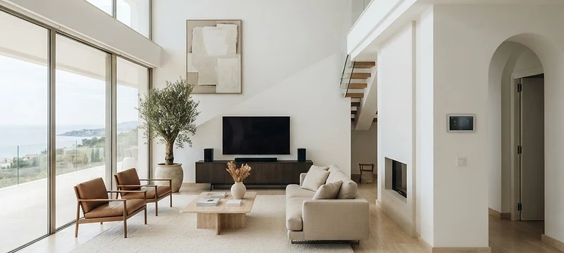 Salón minimalista de una vivienda inteligente en Casares con iluminación arquitectónica integrada