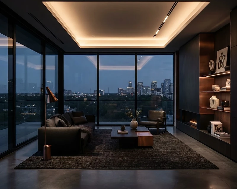 Salón minimalista de una vivienda inteligente al anochecer con iluminación arquitectónica