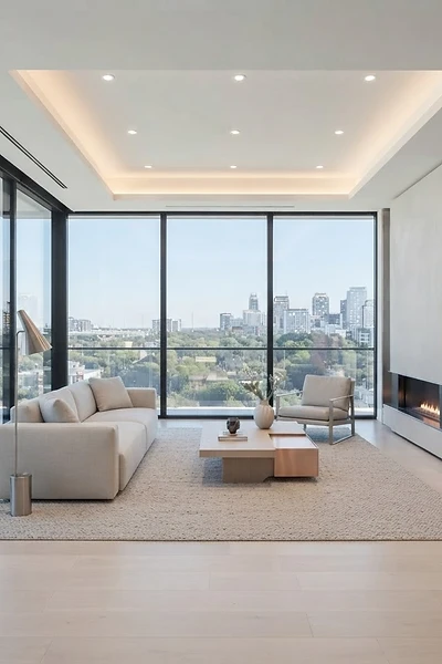 Salón minimalista de una vivienda inteligente al anochecer con iluminación arquitectónica