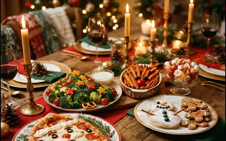 Christmas themed dinner table with Santa face pizzas, Christmas tree veggie platter, snowman pancakes, and red green and gold decorations