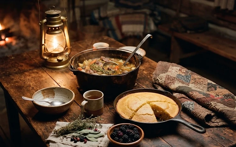 Pioneer frontier themed dinner table with rustic decorations, cornbread, and pioneer-era props for a family history night