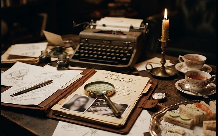 Detective mystery themed dinner table with magnifying glasses, clue cards, and mystery-themed food for a family game night