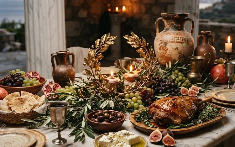 Greek mythology themed dinner table with laurel wreaths, amphora decorations, and Mediterranean food for a family cultural night