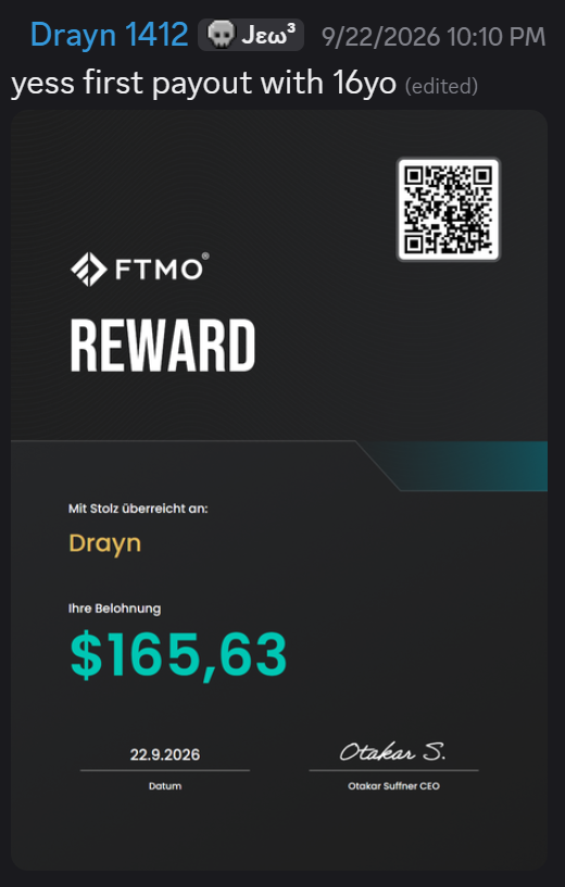 Drayn's first payout — FTMO reward card