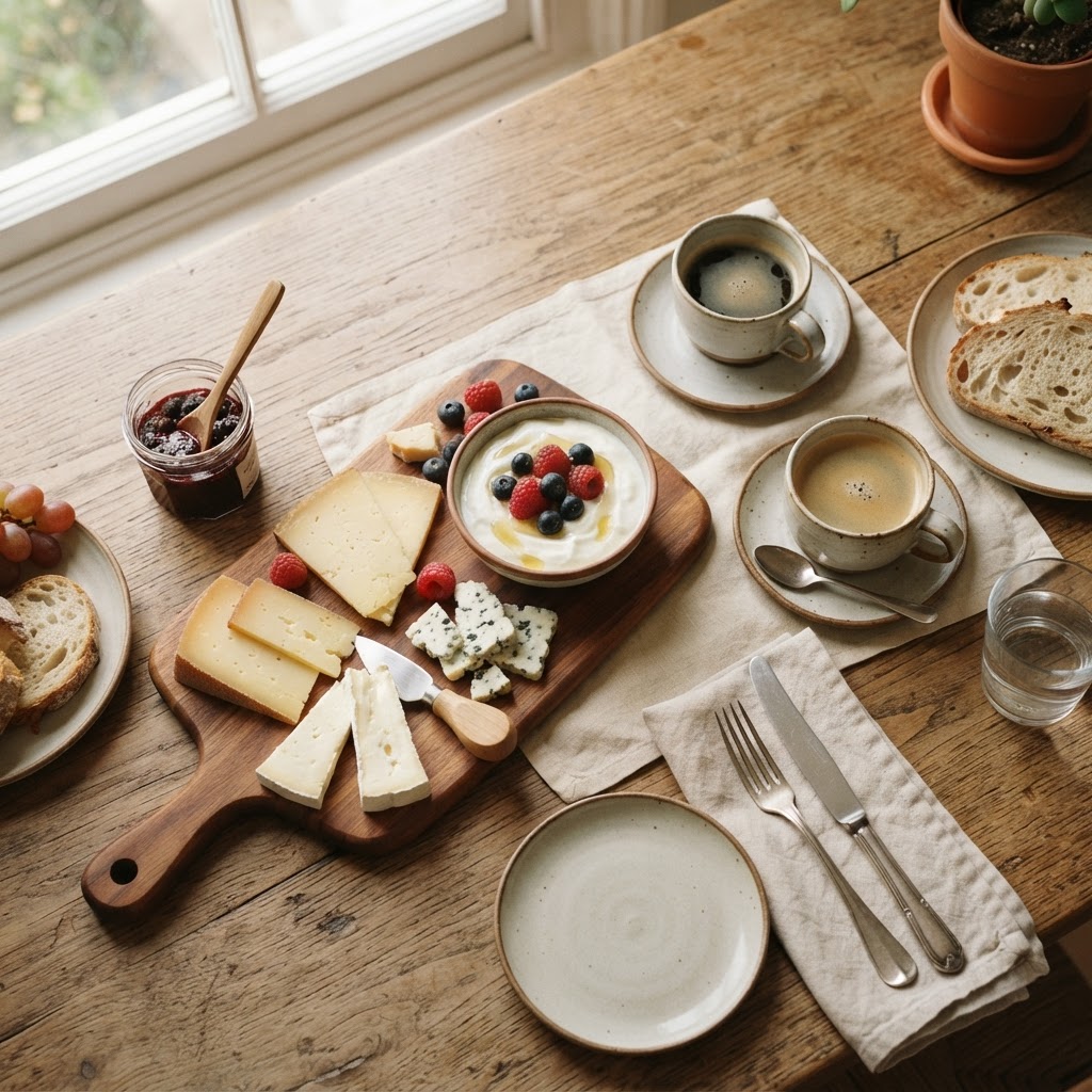 A shared breakfast table with cheese, yogurt, berries and coffee in warm morning light