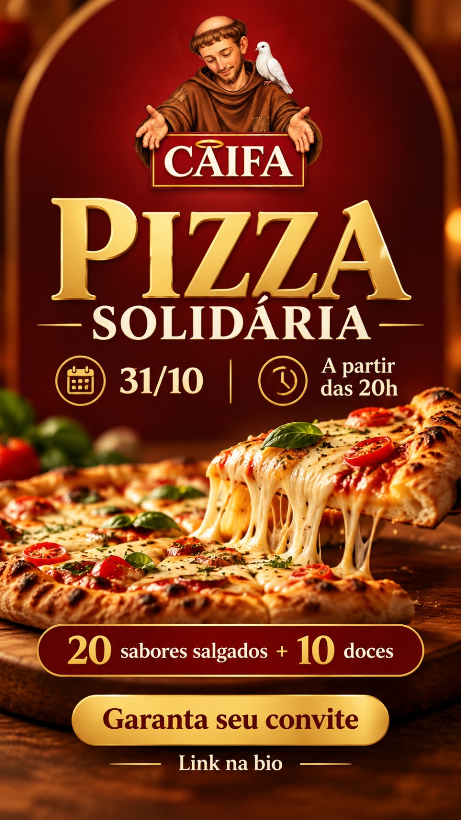 Cartaz da Pizza Solidária: 31 de outubro, a partir das 20h, com 20 sabores salgados e 10 doces